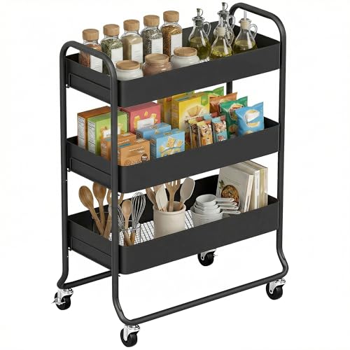 HOMCOM 3-Tier Metal Storage Trolley on Wheels, Rolling Utility Cart with Mesh Backets, Mobile Storage Cart for Kitchen, Bathroom, Bedroom and Living room, Black