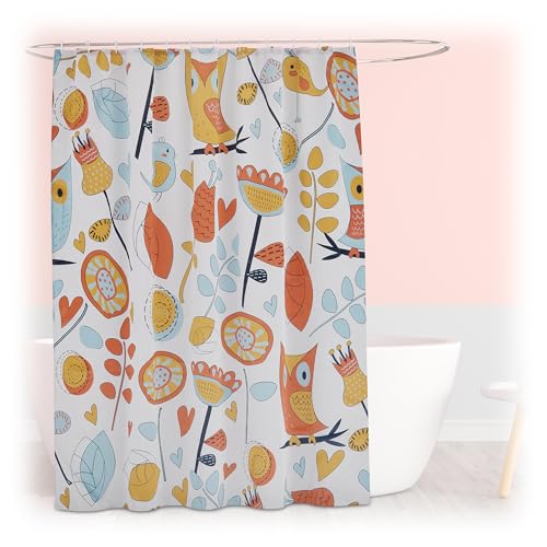 Relaxdays Shower Curtain, Owl Pattern, 180 x 200 cm, Mould Resistant, Washable, 12 Rings, for Bathtub, Multicoloured, Polyester