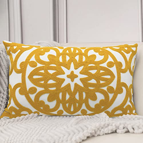"Alysheer Embroidered Lumbar Decorative Throw Pillow Cover 12""x 20"", Classic Boho Mandala Embroidery Pattern Cotton Rectangular Cushion Case for Sofa Couch Living Room Bedroom(Mustard Yellow)"