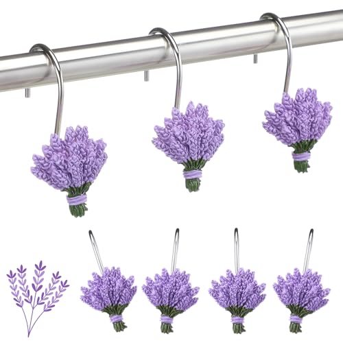 Amyhill 12 Pcs Lavender Decorative Shower Curtain Hooks Purple Lavender Shower Curtain Rings Hanger Stainless Steel Resin Spring Floral Themed Hooks for Home Bathroom Decor