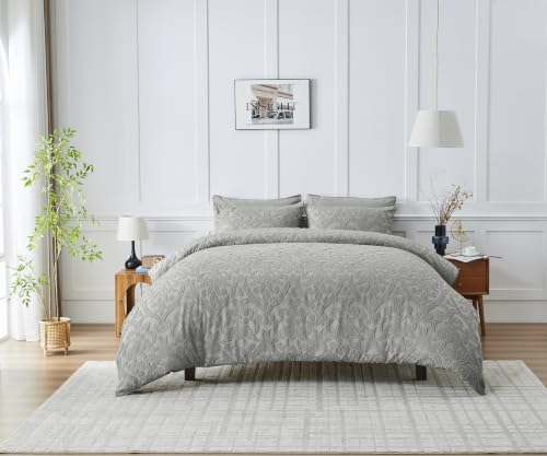 GC GAVENO CAVAILIA Damask Duvet Cover Sets Double - 3Piece Microfiber Bedding Double Set With Pillow Cases Button Closure - Reversible Lightweight & Hypoallergenic Quilt Cover Set - Grey