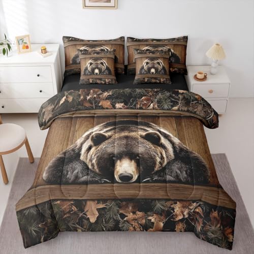 Erosebridal Grizzly Bear King Bedding Set 7 Piece Rustic Hunting Bear Bed in A Bag with Sheets Farmhouse Cabin Comforter Set for Kids Adults,Wildlife Animal Black Brown Bed Sets