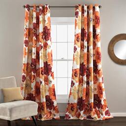 "Lush Decor Leah Room Darkening Window Curtain Panel Pair Floral Insulated Grommet, 52"" W x 95"" L, Red & Orange"