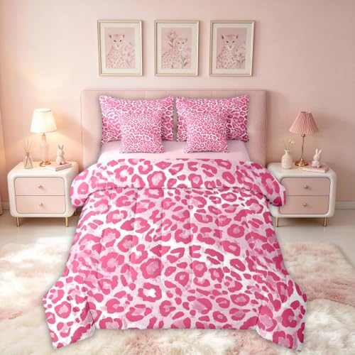 Feelyou Pink Leopard Comforter Set Full Size 7 Pieces Cheetah Leopard Animal Bedding Set Kids Adult Wild Safari Pattern Bed in a Bag with Comforter, Sheets, Pillowcases, Cushion Covers Bedroom Decor