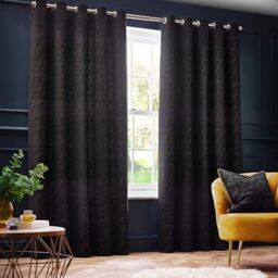 Paoletti Galaxy Eyelet Curtain Pair – Lined Room Darkening Luxury Opulent Chenille Curtains (Black - 117x137cm)
