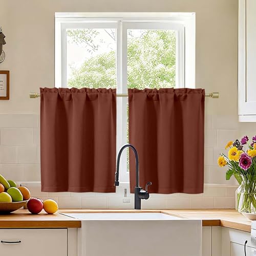 Simplebrand Terracotta Blackout Curtains 30 inch Length 2 Panels for Kitchen, Room Darkening Tiers Drapes with Rod Pocket, Blackout Thermal Insulating Small Curtain Tiers for Bathroom, 30W x 30L Inche