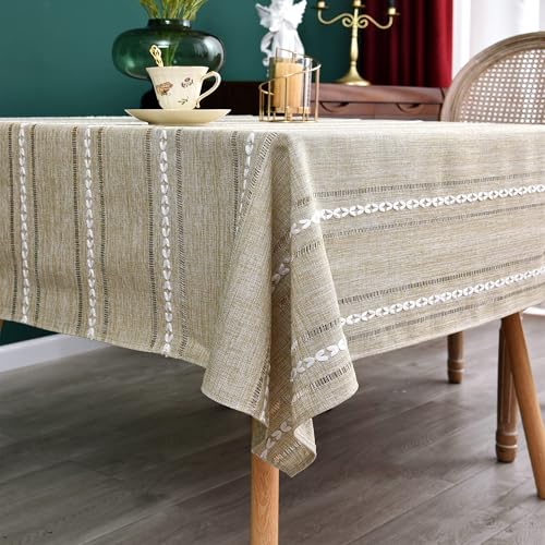 NEWISHER Farmhouse Embroidered 52x52 Inch Square Tablecloth Linen Texture - Yellow Square Table Cloth, Rustic Jacquard Striped Tablecloth, Washable Dining Table Cover for Kitchen Home Decoration