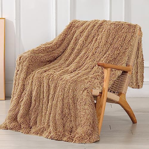 "Tuddrom Decorative Extra Soft Faux Fur Throw Blanket 50"" x 60"",Solid Reversible Fuzzy Long Hair Shaggy Blanket,Fluffy Cozy Plush Fleece Comfy Microfiber Fur Blanket for Couch Sofa Bed,Camel"