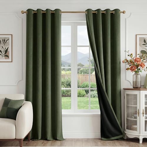 FMFUNCTEX 100% Blackout Olive Green Curtains 72 Inch Long Grommet 2 Panels - Black out Drapes, Thermal Insulated Noise Reducing, Textured Weave, Room Darkening, Window Curtain, for Living Room,Grommet