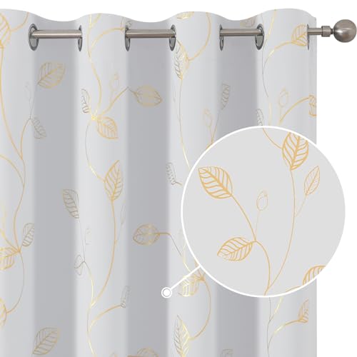 BUHUA Heat Blocking Curtains, Black Out Curtains 45 Inch Long 2 Panels Burg, Soundproof Curtains with Gold Leaf Printed (52 x 45 Inch, Greyish White, Set of 2 Panels)