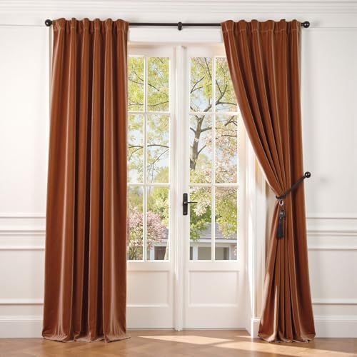 Lazzzy Burnt Orange Velvet Curtains Thermal Insulated 84 Inch Room Darkening Window Drapes Super Soft Luxury Curtains for Living Room Bedroom Rod Pocket, 2 Panels