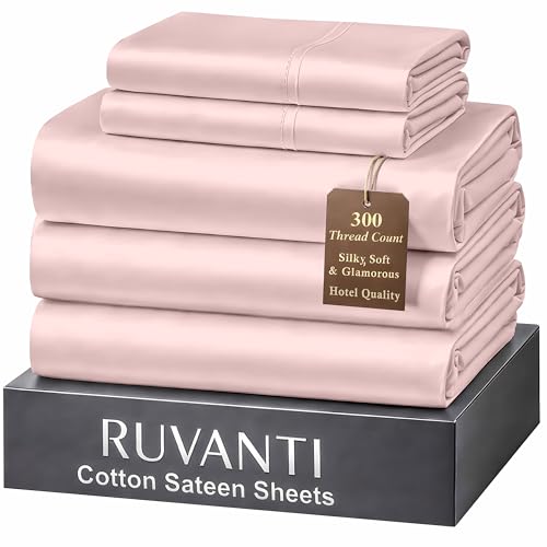 "Ruvanti 100% Cotton Sheets Split King Size Bed Set - 300 Thread Count Silky Soft Sateen Weave, Cooling, Lightweight & Breathable, 16"" Deep Pocket, Durable & Luxury Satin-Like, 5 Piece, Dusty Rose"