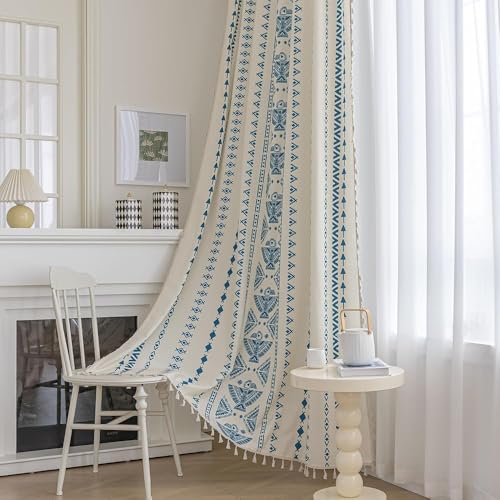 Erbnaryx Boho Curtains Geometric Light Filtering Semi-Blackout Window Curtains 84 Inches Long Rod Pocket Drapes for Living Room 2 Panels-Blue Totem