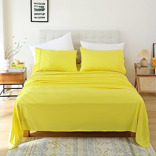 Twin Size Sheet Set, 3 Piece Soft Bed Sheets, Deep Pockets - Breathable and Cooling Microfiber, Wrinkle Free, Hotel Luxury Bed Sheet for Women & Men, Oeko-Tex, Bright Yellow