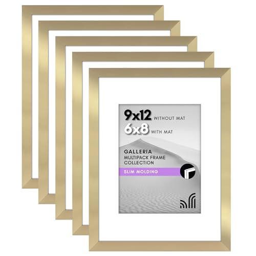Americanflat 9x12 Picture Frame Set of 5 in Gold - Use as 6x8 Picture Frame with Mat or 9x12 Frame Without Mat - Picture Frames Collage Wall Decor with Plexiglass Cover - Gallery Wall Frame Set