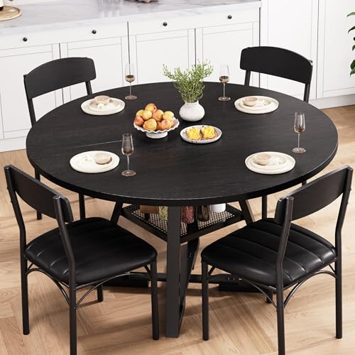 Jocoevol Round Dining Table and 4 Chairs Set of 4-6, Circle Dinner Table with Shelves, Space Saving Wood Kitchen Room Furniture (Black, 47 inch)