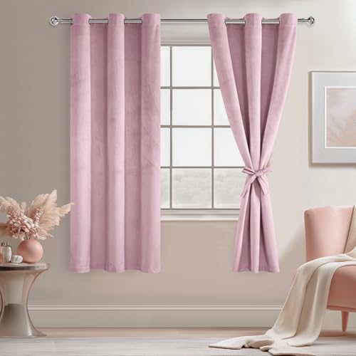 JIUZHEN Pink Velvet Curtains, 63 inches, Blackout Curtains for Living Room, Privacy, Room Darkening, Eyelets, Thick Velvet Window Curtains for Bedroom, Set of 2 with Pleat Holders, 41.7 x 63 inches (W