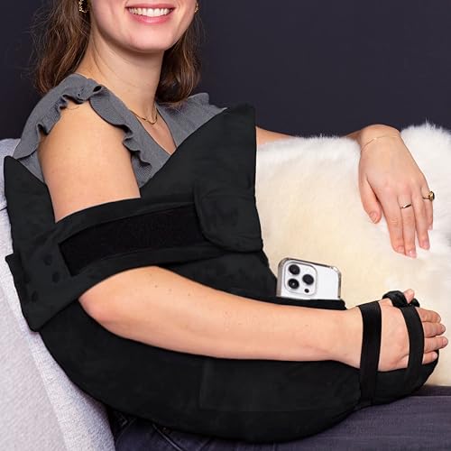MOYOAMA S/M Shoulder Surgery Pillow with Stump - Black Plush (Arm Strap)