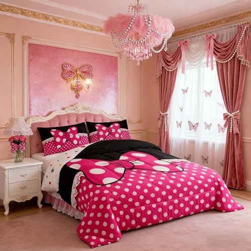Cartoon Bowknot Kids Comforter Set Full Size,Geometric Dots Patchwork Modern Bedding Set,Girls Women Room Decor,Bow Tie Fairy Princess Down Comforter,Rose Pink Dreamy Duvet Insert,2 Pillowcases