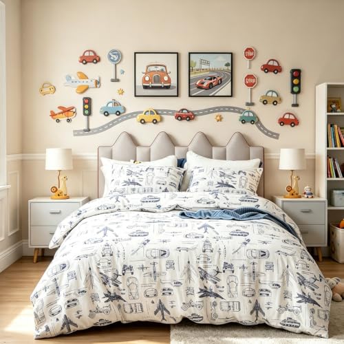 CLOTHKNOW Kids Queen Duvet Cover Set 3Pcs Vehicle Bedding Sets White Blue Queen Duvet Cover Cartoon Bedding Comforter Cover Sets
