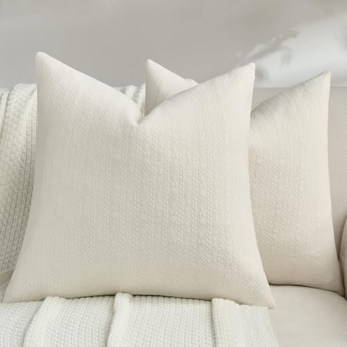 FUTEI Pack of 2 Solid Chenille Throw Pillow Covers 24x24 Inch Soft Farmhouse Decorative Accent European Cushion Cases Modern Home Decor for Couch Living Room, Cream