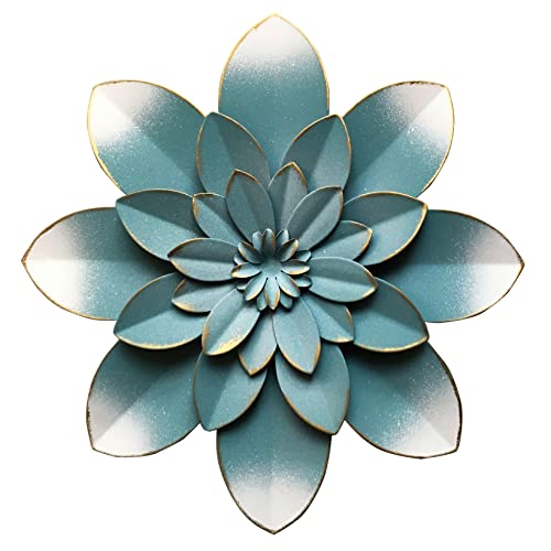 Picfarce Blue Metal Flower Wall Art Decor, 9.5“ Rustic Modern Floral Sculpture, Distressed Hanging Home Decoration Accent Artworks for Indoor Bedroom Living Room Office Outdoor Garden Patio