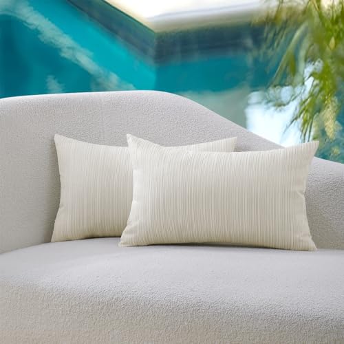 VAKADO Outdoor Waterproof Throw Pillow Covers 12x20 Set of 2 Decorative Lumber Outside Patio Furniture Cushion Cases Decor for Garden Bench Porch Couch Tent Stripe Cream