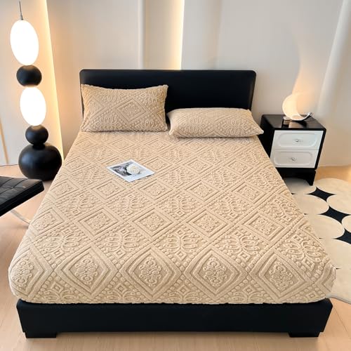 ZIQINPSQ Taffeta Velvet Jacquard Queen Fitted Sheet - Luxury Bedding - Ultra-Soft, Quick-Heat, Anti-Static, 360?? Mattress Protector, Tan, No Pillowcases