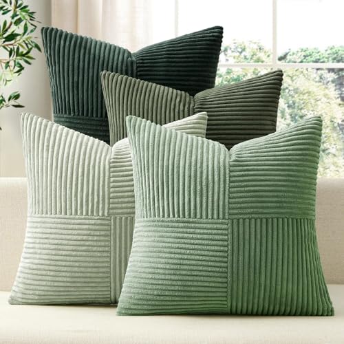 ANRODUO Pack of 4 Decorative Throw Pillows for Couch Forest Green 24x24 Inch Boho Cozy Soft Corduroy Cushion Covers Farmhouse Accent Pillowcases for Mid Century Modern Spring Home Decor Living Room