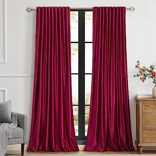 PRIMROSE Red Curtains 120 inch for Living Room Velvet Drapes Blackout Rod Pocket Back Tab Window Treatment Semi Room Darkening Decor Curtains for Bedroom Set of 2 Panels