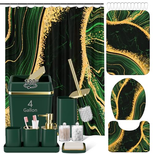 25PCS Bathroom Sets with Shower Curtain and Rugs Bathroom Accessory Set Dark Green Bathroom Set with Large-Capacity 4 Gallon Trash Can Toilet Brush Toothbrush Holder Soap Dispenser