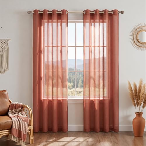 Terracotta Sheer Curtains 84 Inches Long for Living Room Bedroom Grommet Boho Airy See Through Faux Linen Bohemian Ochre Rust Tangerine Window Voile Sheer Curtains 84 Inch Length Set 2 Panels