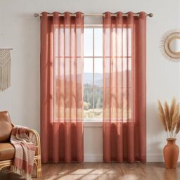 Terracotta Sheer Curtains 84 Inches Long for Living Room Bedroom Grommet Boho Airy See Through Faux Linen Bohemian Ochre Rust Tangerine Window Voile Sheer Curtains 84 Inch Length Set 2 Panels