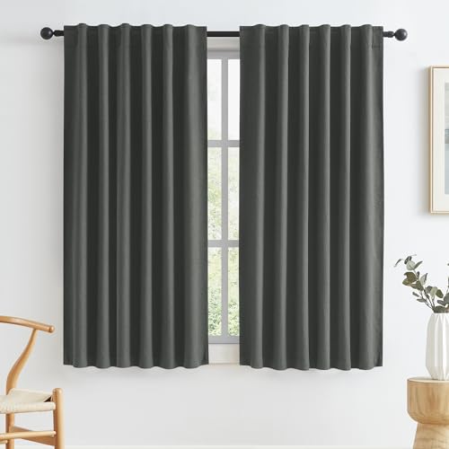 KEQIAOSUOCAI 100% Blackout Linen Curtains, Full Shade Complete Light Blocking Drapes Back Tab Rod Pocket Hook Belt, Textured Thermal Insulated Black Out Curtains(Dark Grey, W50 x L63, 2 Panels)