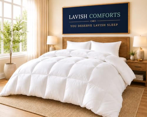 Lavish Comforts?? Down Alternative Oversized Queen Comforter - Extra Fluffy Duvet Insert, Hotel Queen, Puffy Thick All Season Premium Cooling Comforter - White 102x86