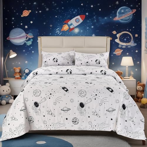 MAG 3Pcs Out Space Bedding Comforter Set, White Galaxy Comforter Set,for Toddlers Kids,Boys Teens and Girls,Super Soft Microfiber (1 Comforter + 2 Pillowcases) (Space, Queen)