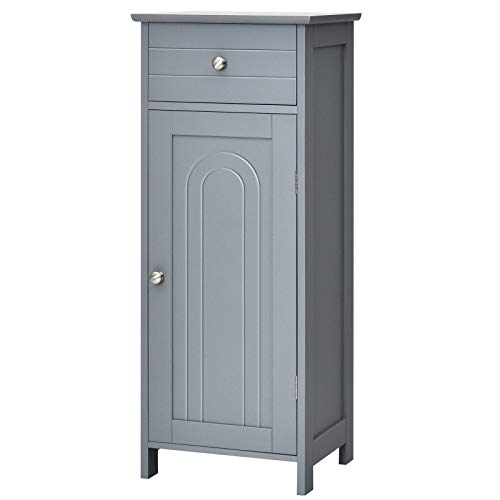 CASART Bathroom Storage Cabinet, Single Door Floor Standing Cupboard with Drawer & Adjustable Shelf, Wooden Display Sideboard Unit for Living Room Toilet Bedroom (Grey, 7-Position Adjustable)