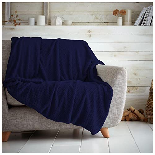 GC GAVENO CAVAILIA Premium Popcorn Honey Comb Sofa Bed Blanket, Easy Care Super Soft & Warm Fluffy Settee Waffle Throw, Navy, 150X200