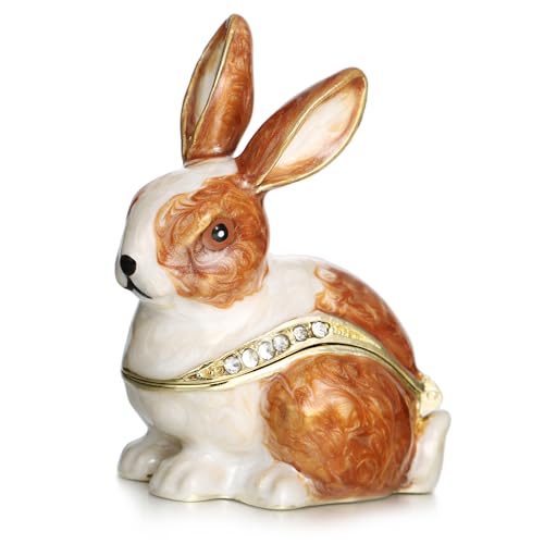 Vie jeune Hand Painted Enamel Hinged Trinket Box, Unique Mini Ring Necklace Jewelry Organizer, Classical Antique Bejeweled Storage, Figurine Collectible Keepsake Home Decor (Rabbit)
