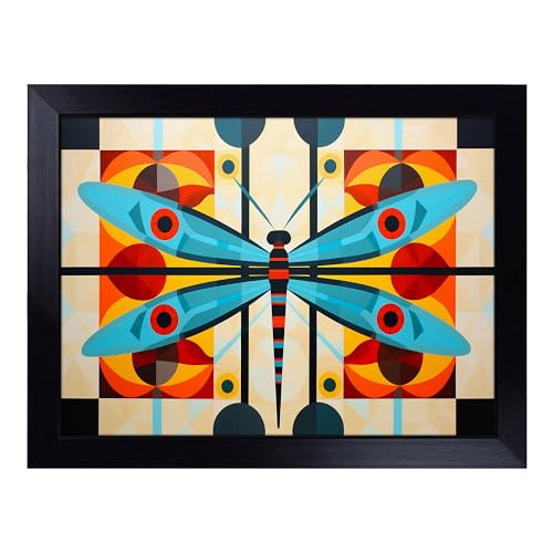 Lap Tray with Bean Bag Cushion, Dragonfly Geometric - Handmade in the UK, Raised Wooden Edge, Padded Cushion, Heat-Resistant Wipe-Clean Surface, for Meals, Laptops and Crafts
