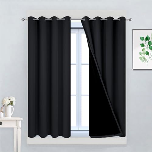"Yakamok Black 100% Blackout Curtains 45 Inches Long for Bedroom 52"" Wide - Blackout Curtain Panels for Bedroom, 2 Thick Layers Grommet Top Thermal Insulated Drapes with Black Liner for Living Room"