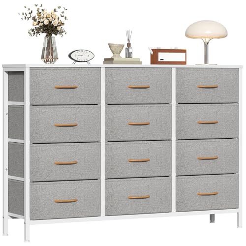 GoaHi Chest of Drawers with 12 Drawers,Bedroom Drawers, Fabric Dresser with Wood Top,Drawer Storage Unit for Bedroom, Living room, Light Grey