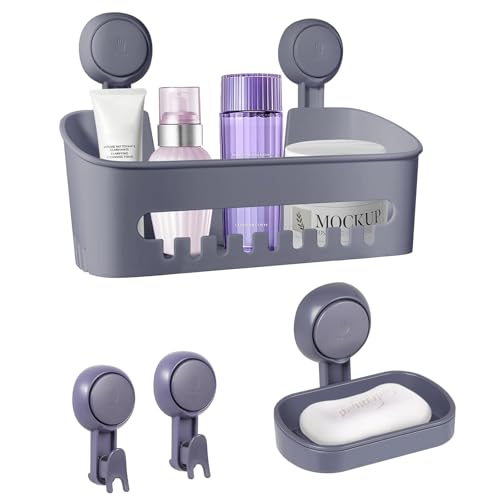 Uten Suction Cup Shower Caddy, Soap Dish, Bathroom Hook -Drill-Free Storage Basket, Removable Shower Shelf Storage Basket, 4-in-1 Bathroom Set, Grey