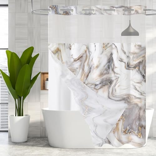 MitoVilla Grey Gold Marble Long Shower Curtain 72 x 80, No Hooks Required 80 inch Long Fabric Cloth Shower Curtain Set with Cloth Snap-in Liner for Modern Hotel Bathroom Decor