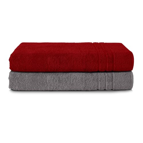 Komfortec Bath Towels, 100% Cotton, Quick Dry, 70x200, Grey & Red