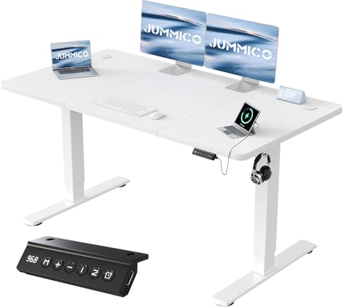 JUMMICO 140x60cm Electric Standing Desk with USB Charging Height Adjustable Desk with Sedentary Reminder Stand Up Desk with Splice Board for Home Office,White