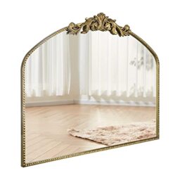 "CASOLLY Gold Arched Mirror 40""X31"", Vintage Antique Baroque Mantel Mirror with Ornate Metal Frame, Victorian Dress Wall Mirror for Entryway/Fireplace/Living Room/Hallway/Bathroom/Bedroom"