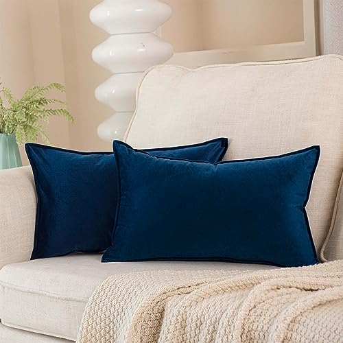 JUSPURBET 16x24 Decorative Velvet Throw Pillow Covers Set of 2,Navy Blue - Decorative Soft Solid Pillow Covers,Flange Edge Design,for Couch Bed Sofa Living Room Bedroom,Luxury Modern Home Decor