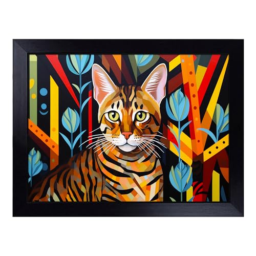 Lap Tray with Bean Bag Cushion, Bengal Cat Constructivism - Handmade in the UK, Raised Wooden Edge, Padded Cushion, Heat-Resistant Wipe-Clean Surface, for Meals, Laptops and Crafts