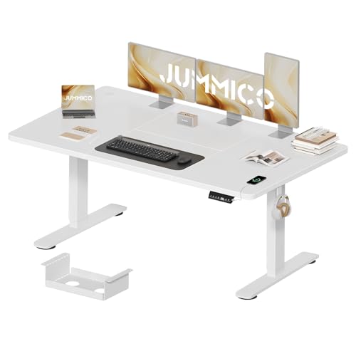 JUMMICO Height-Adjustable Desk 160 x 80 cm with Cable Tray, Height Adjustable Electric Standing Desk with USB Socket, Computer Desk, Ergonomic Standing Seat Table, Office Table, White